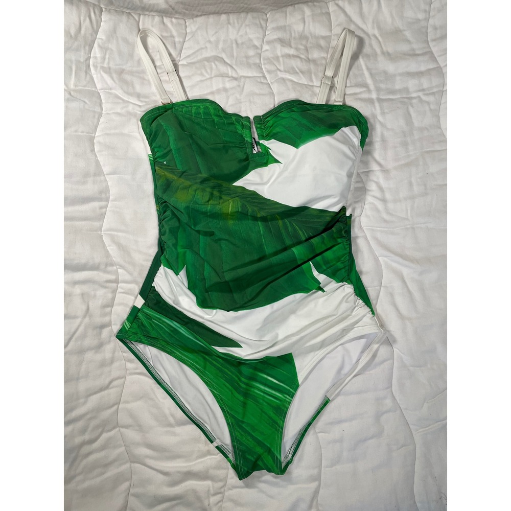 DKNY Green Banana Leaf Tropical Print One Piece Swimsuit Large Side Ruched L